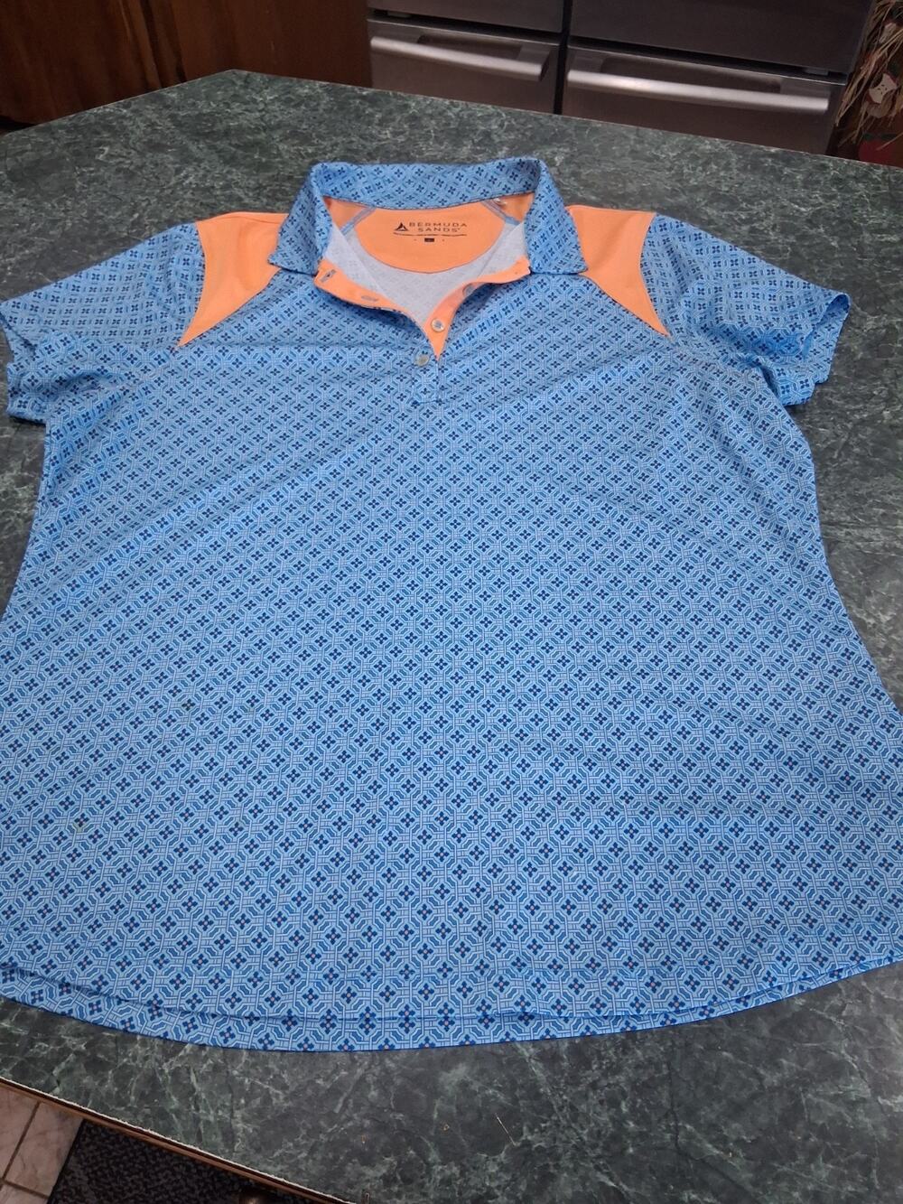 Bermuda Sands Womens L Golf Polo Blue Orange Geometric Short Sleeve Performance